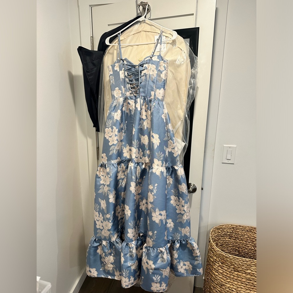 V. Chapman Blue Floral Maxi Dress with White Flowers - Picture 4 of 16